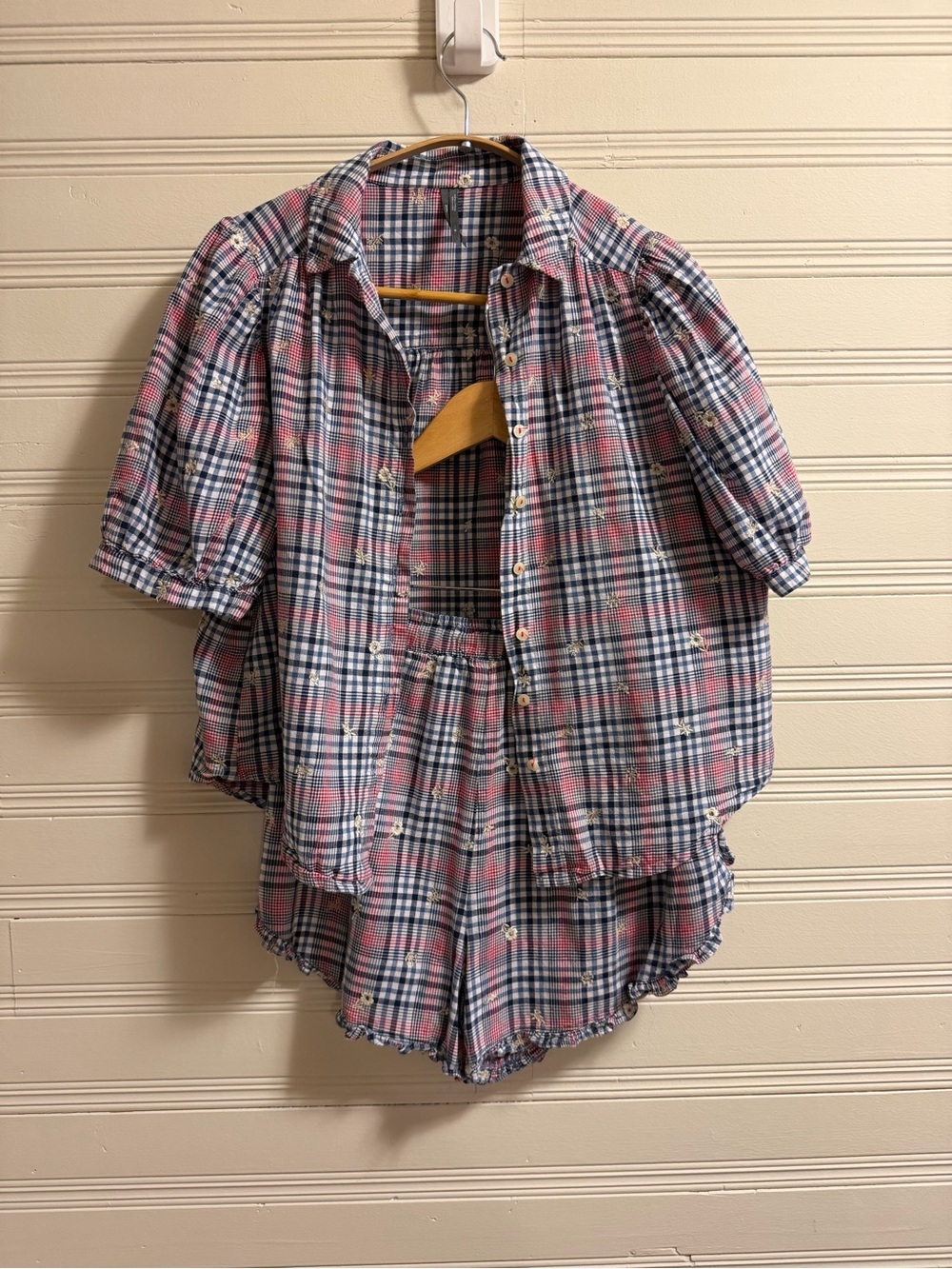 By Anthropologie Plaid Embroidered Puff Sleeve Coquette Top & Shorts Set XS